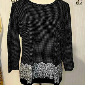 Talbots Woman Top Back Zipper Size 1X Black White Polka Dot Lace Oversized Tunic